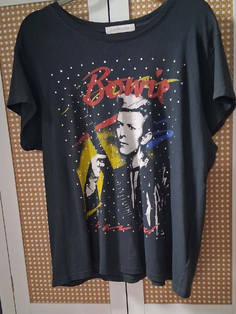 Daydreamer Black Bowie Graphic Short Sleeve Tee with Red, Yellow & Blue Accents